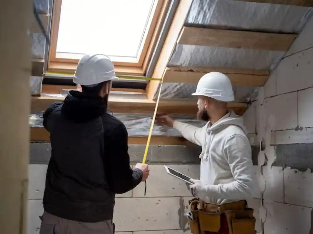 Technician inspecting or drying attic insulation and framing with equipment visible — Attic Water Damage Repair in Fairfax, VA