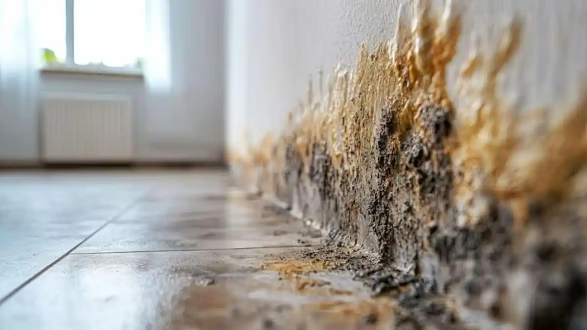 Basement wall or corner with visible mold growth near a foundation wall or behind stored — Basement Mold Cleanup in Fairfax, VA