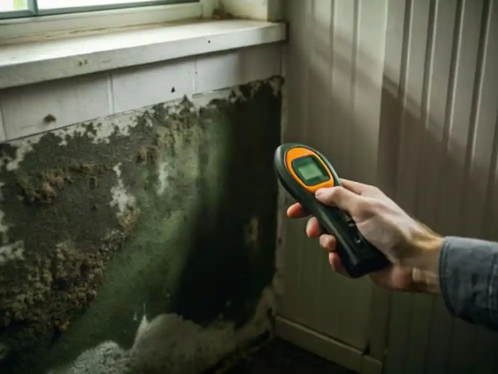 Technician using a moisture meter or thermal imaging camera pointed at a ceiling to trace — Ceiling Water Damage Restoration in Fairfax, VA