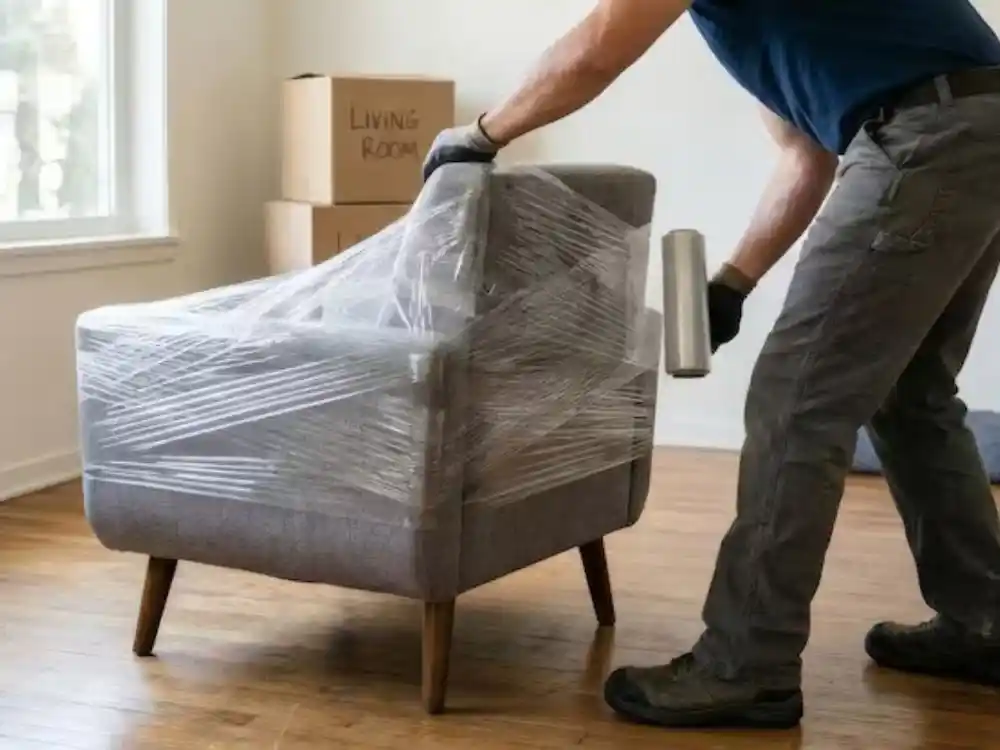 Technician wrapping furniture in protective material or loading labeled boxes into a — Content Pack Out Services in Fairfax, VA