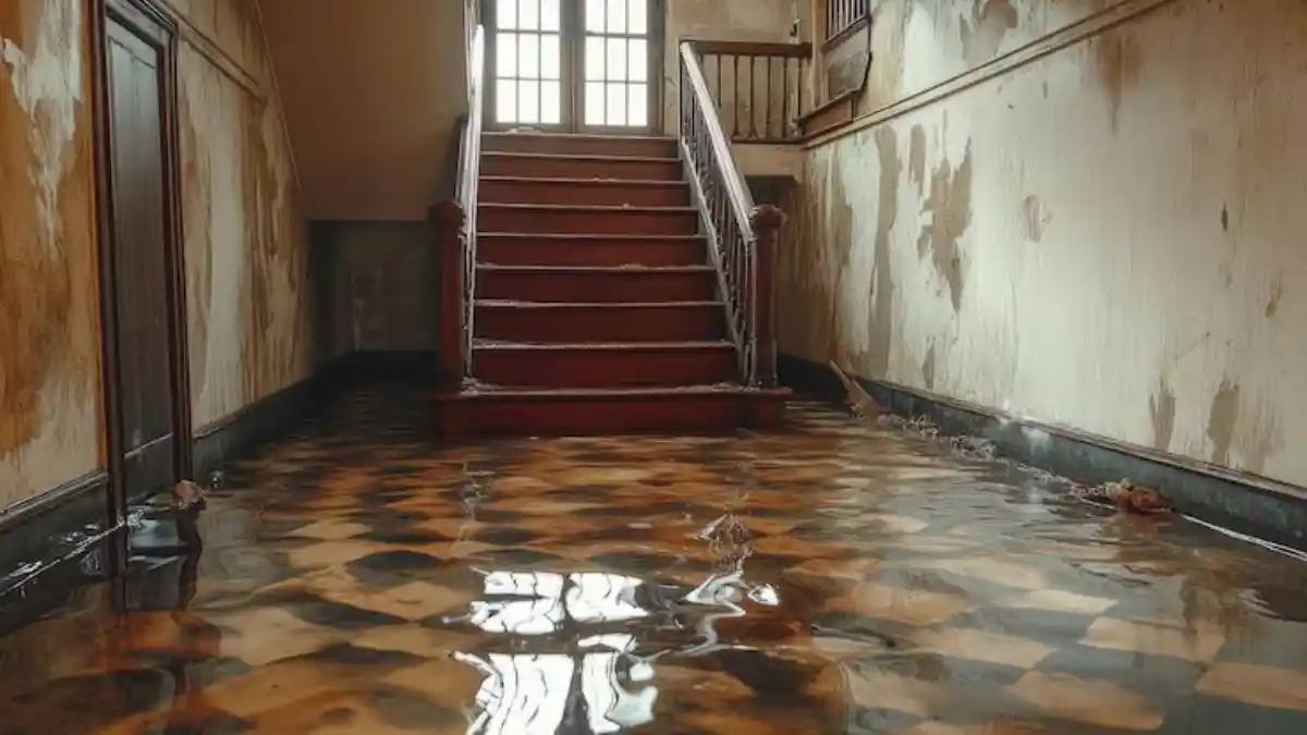 Standing water pooled across a residential floor, several inches deep, reflecting ceiling — Emergency Water Extraction in Fairfax, VA