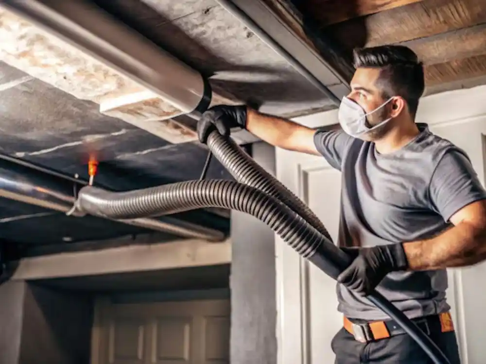 Technician servicing or cleaning an HVAC air handler or duct opening with specialized — HVAC Mold Remediation in Fairfax, VA