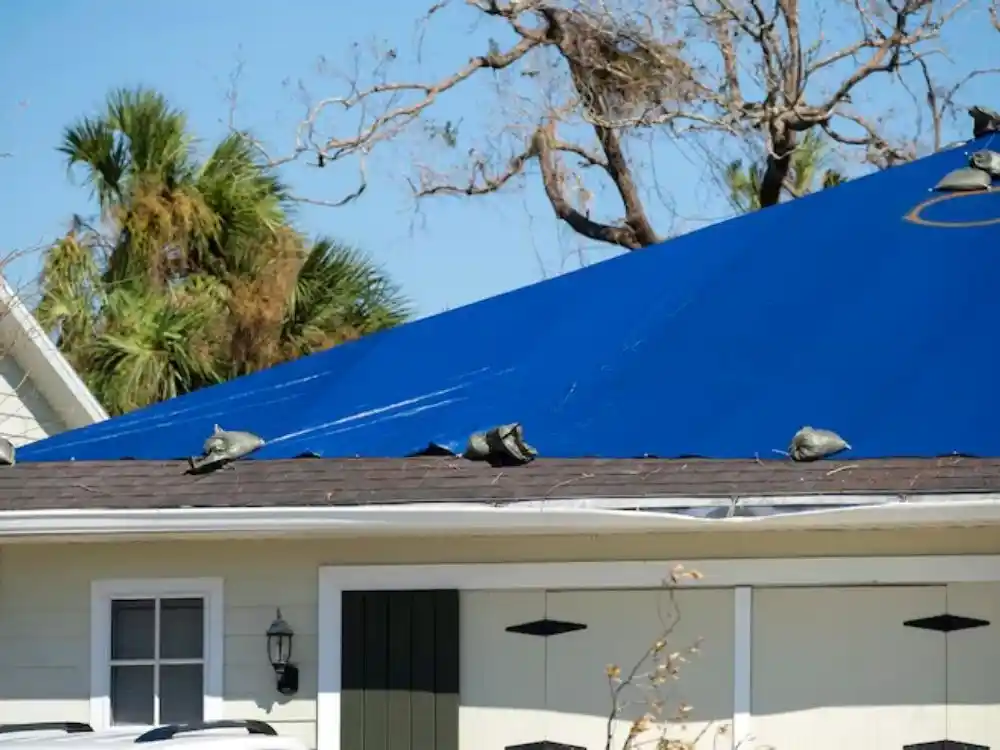 Blue tarp installed over a section of residential roof as emergency weatherproofing — Roof Leak Repair Water Damage Mitigation in Fairfax, VA