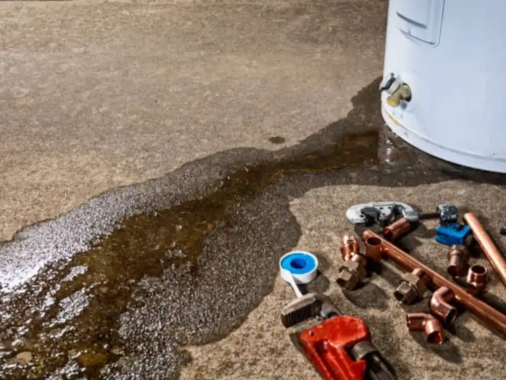 Technician extracting water from a utility closet floor near a water heater with a wet-vac — Water Heater Leak Cleanup in Fairfax, VA